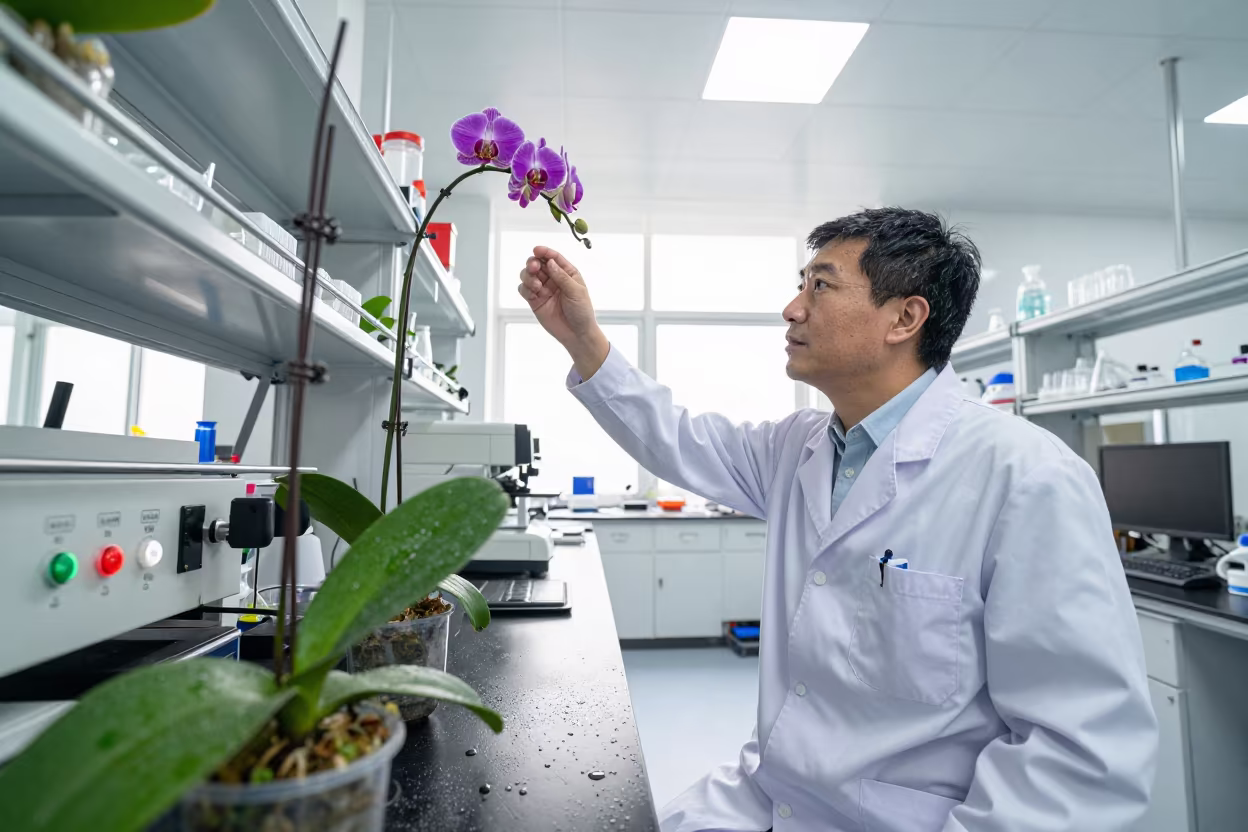Botanist Reaching for Orchids in Lab Light in in Montevideo