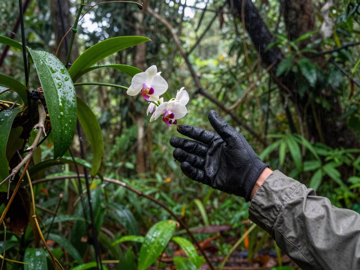 Botanist Reaching for Orchids in Libreville Monsoon in in Libreville