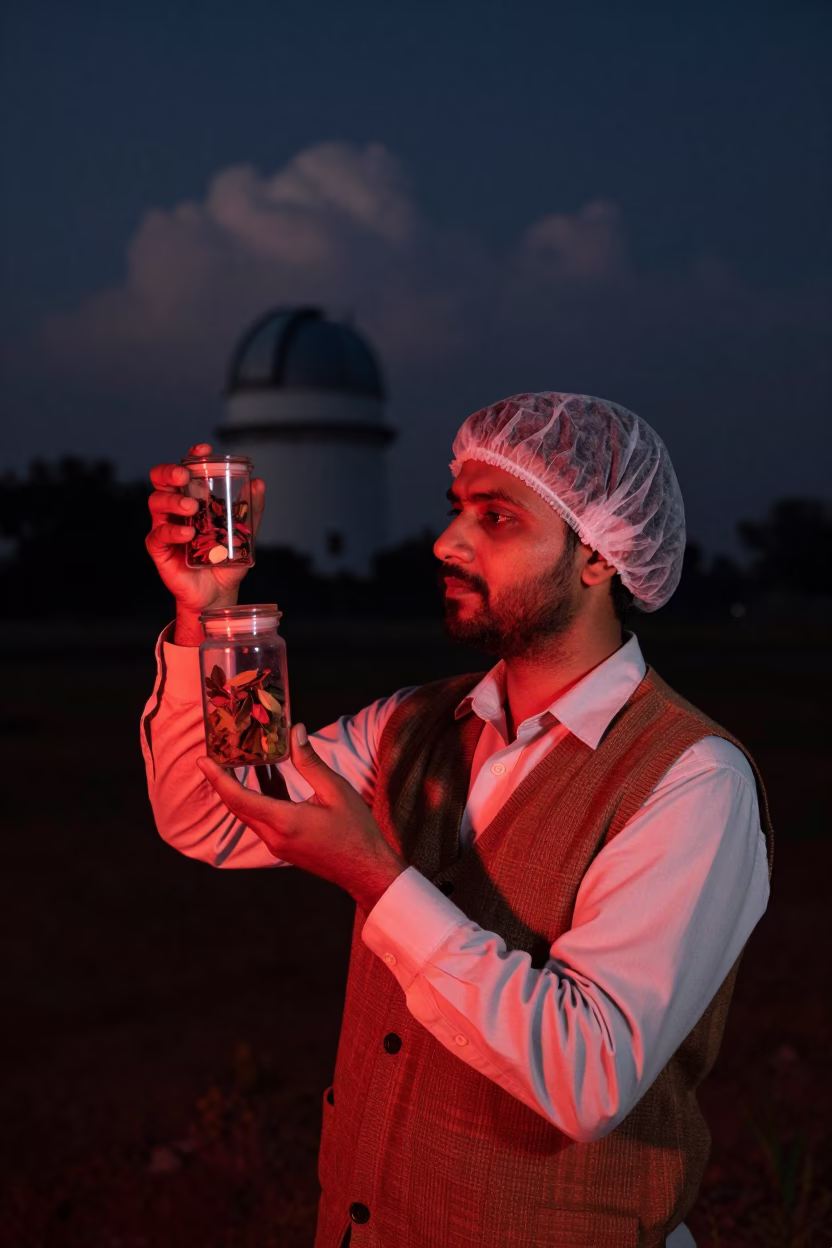 Botanist with Specimen Jars Under Red Light in near Delhi
