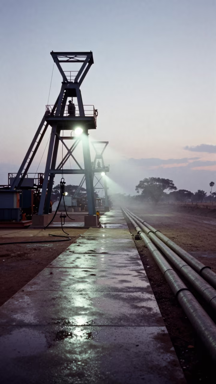 Botswana Mine Headframe Under Predawn Security Lights in along a service road lined with pipes in Botswana