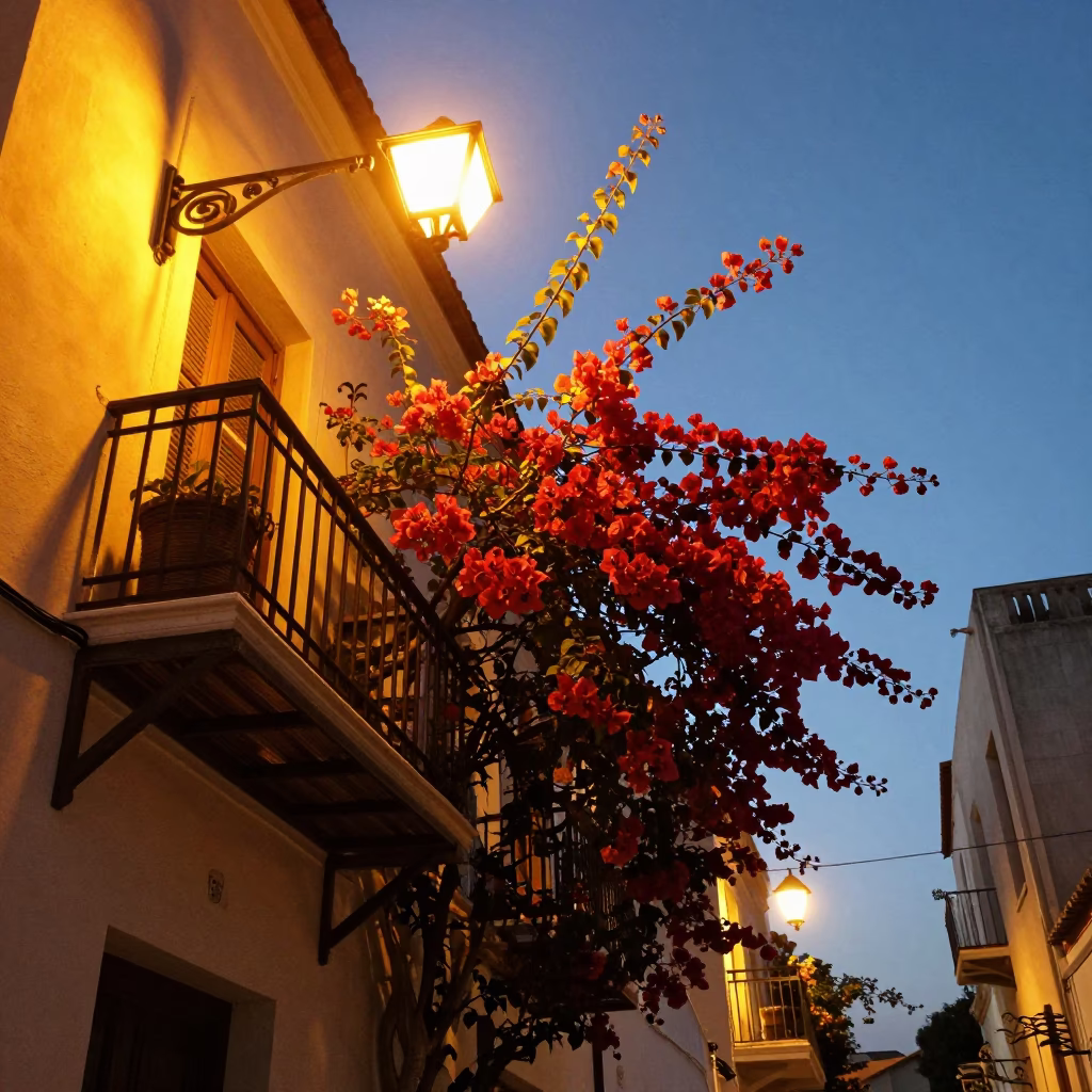 Bougainvillea after dark in Athens in in Athens, Greece