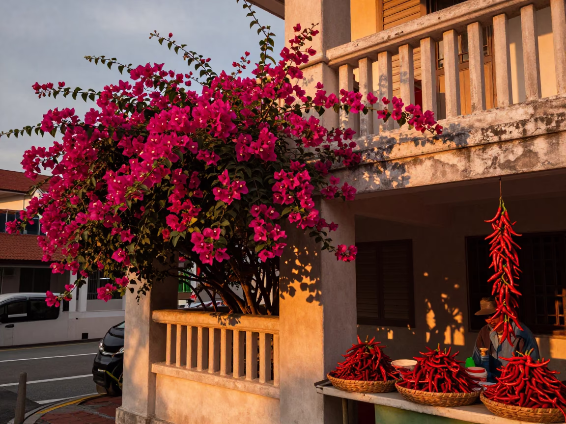 Bougainvillea and Chili Peppers in Singapore Copper Toned Light Before Dusk Street Scene in in Singapore, Singapore