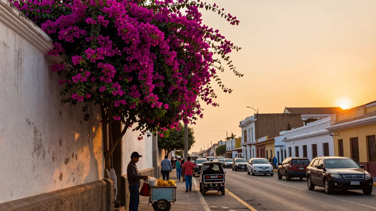 Bougainvillea Blooms and Busy Street Life in Lima Peru at Sunset in in Lima, Peru