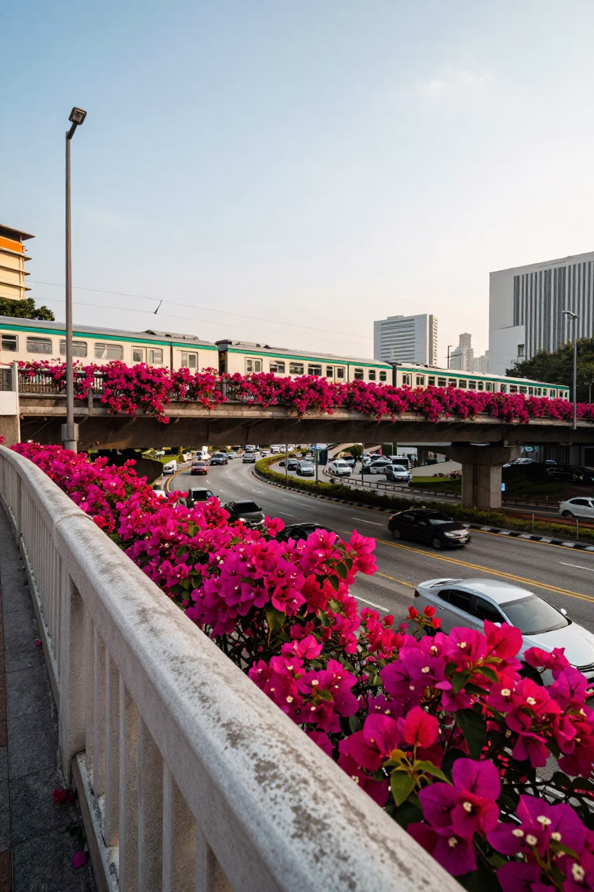Bougainvillea Blooms and Commuter Train Crossing Bridge in Late Afternoon Kuala Lumpur in in Kuala Lumpur, Malaysia