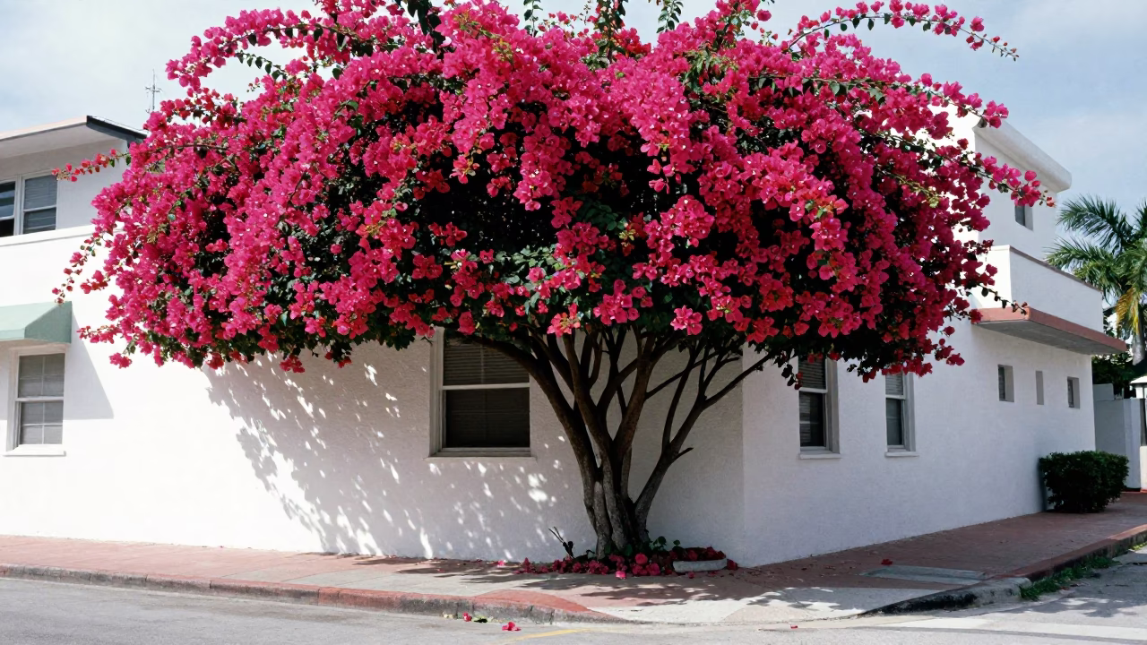 Bougainvillea Blooms Over Miami Florida Street Corner Under Flat Noon Sunlight in in Miami, Florida, United States