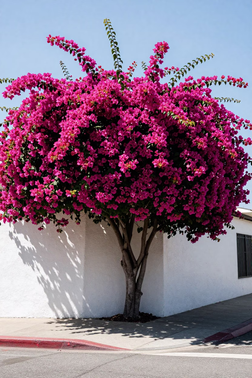 Bougainvillea Blooms Over San Diego Street Corner Under Flat Noon Sunlight in in San Diego, California, United States