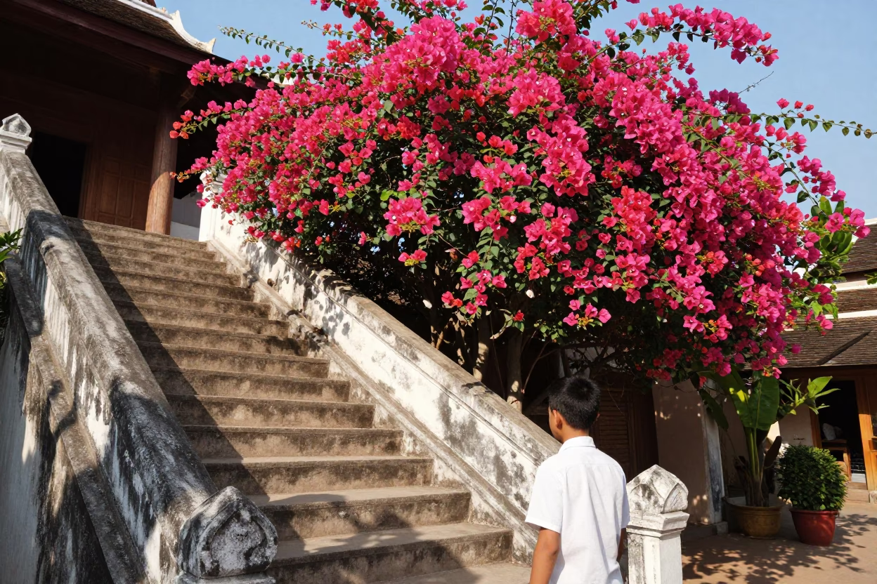 Bougainvillea Blooms Over Stone Steps in Luang Prabang Laos Morning in in Luang Prabang, Laos