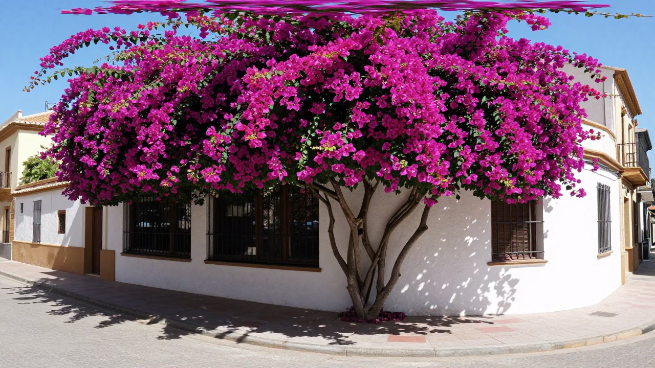 Bougainvillea Cascade in Barcelona at The Flat Glare Of Noon Light in in Barcelona, Spain