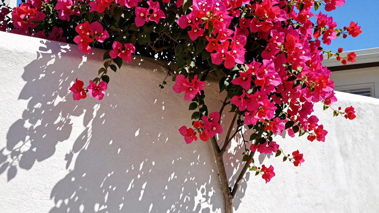 Bougainvillea Cascade in Cape Town at Bright Midmorning Light in in Cape Town, South Africa