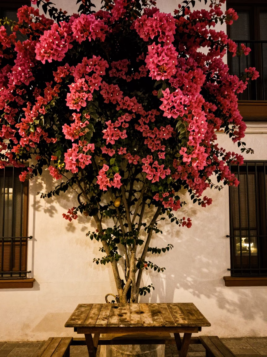 Bougainvillea Cascade in Madrid at As City Lights Begin To Glow in in Madrid, Spain