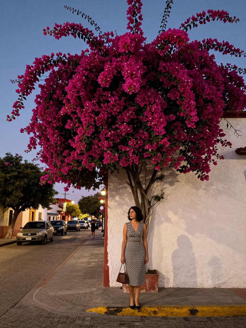Bougainvillea Cascade in Merida at As City Lights Begin To Glow in in Merida, Mexico