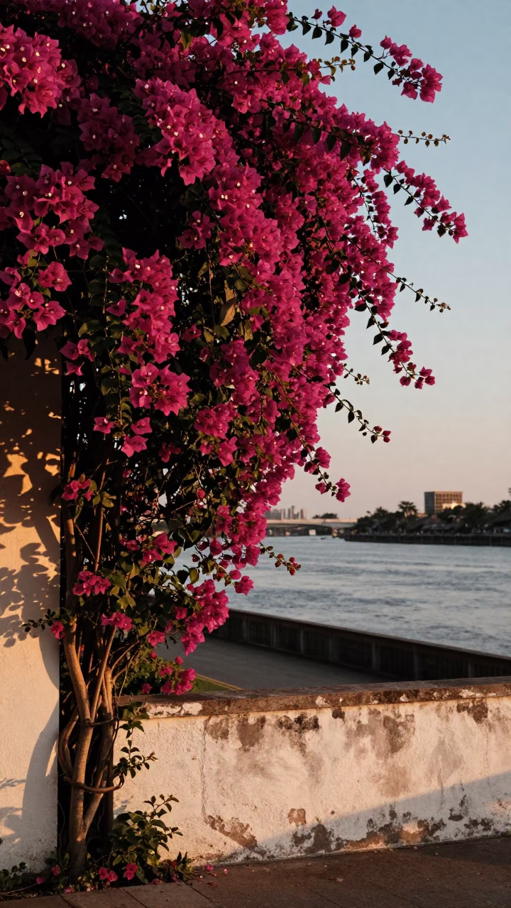Bougainvillea Cascade in New Orleans at Honeyed Evening Light in in New Orleans, Louisiana, United States
