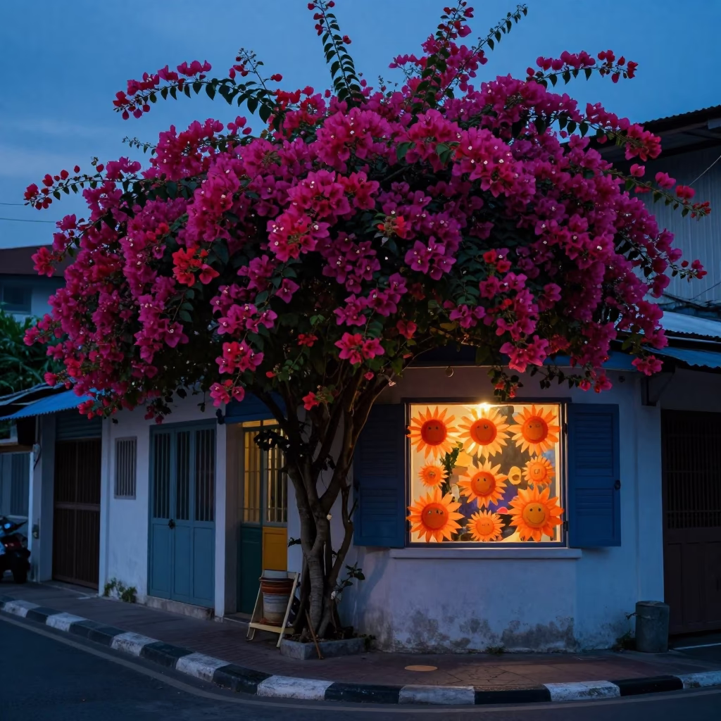 Bougainvillea Cascade in Surabaya at Indigo Twilight After Sunset in in Surabaya, Indonesia