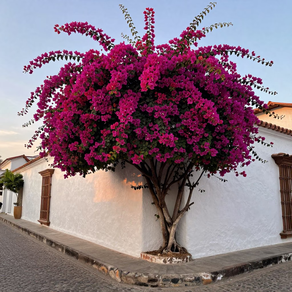 Bougainvillea Cascade Over White Colonial Wall in Early Evening Cartagena Colombia in in Cartagena, Colombia