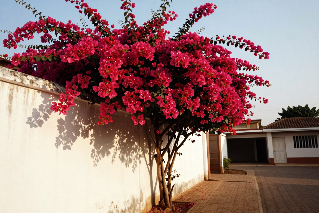 Bougainvillea Cascade Over White Garden Wall in Accra Ghana Late Afternoon Light in in Accra, Ghana