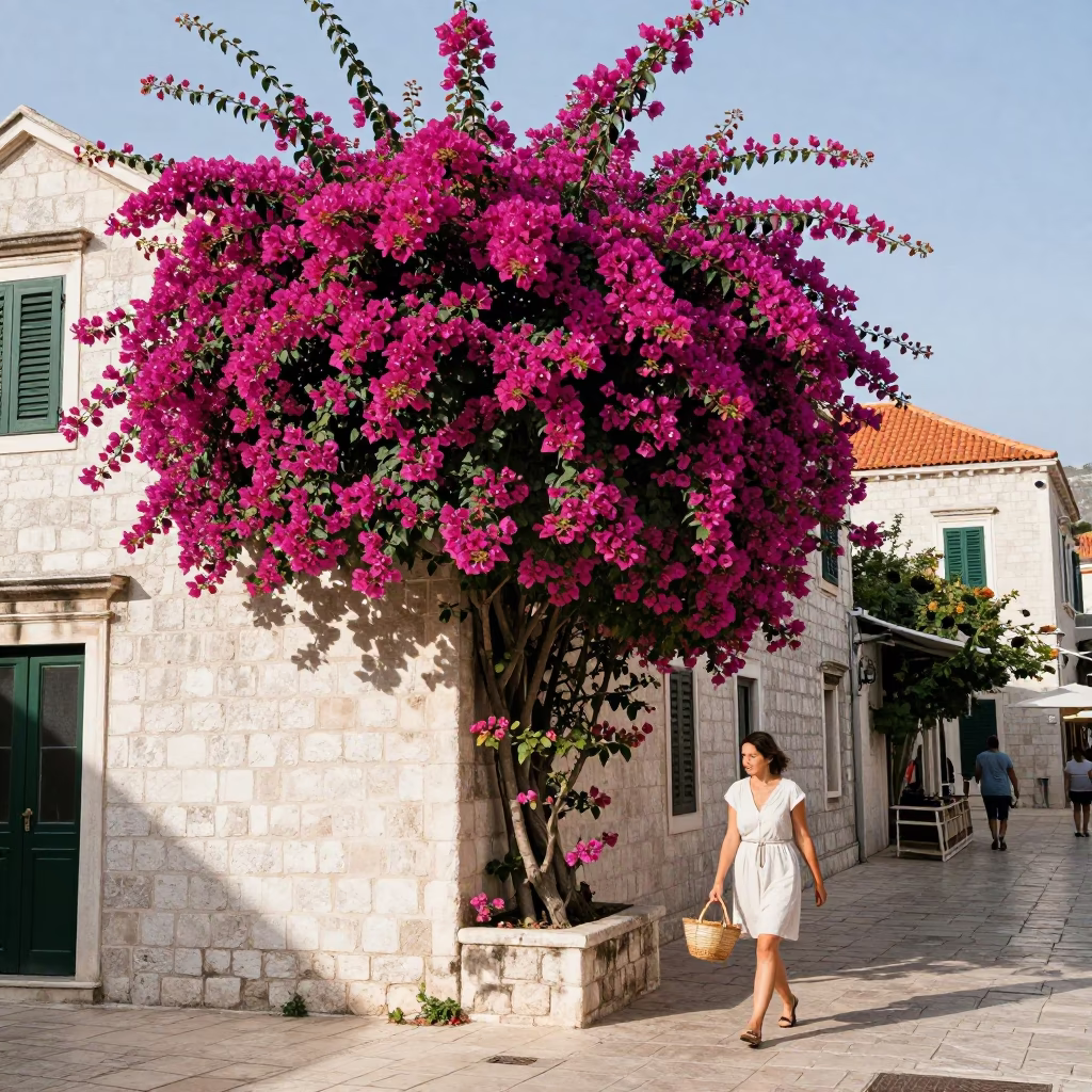 Bougainvillea Cascade Over White Garden Wall in Dubrovnik Late Morning Sunlight in in Dubrovnik, Croatia