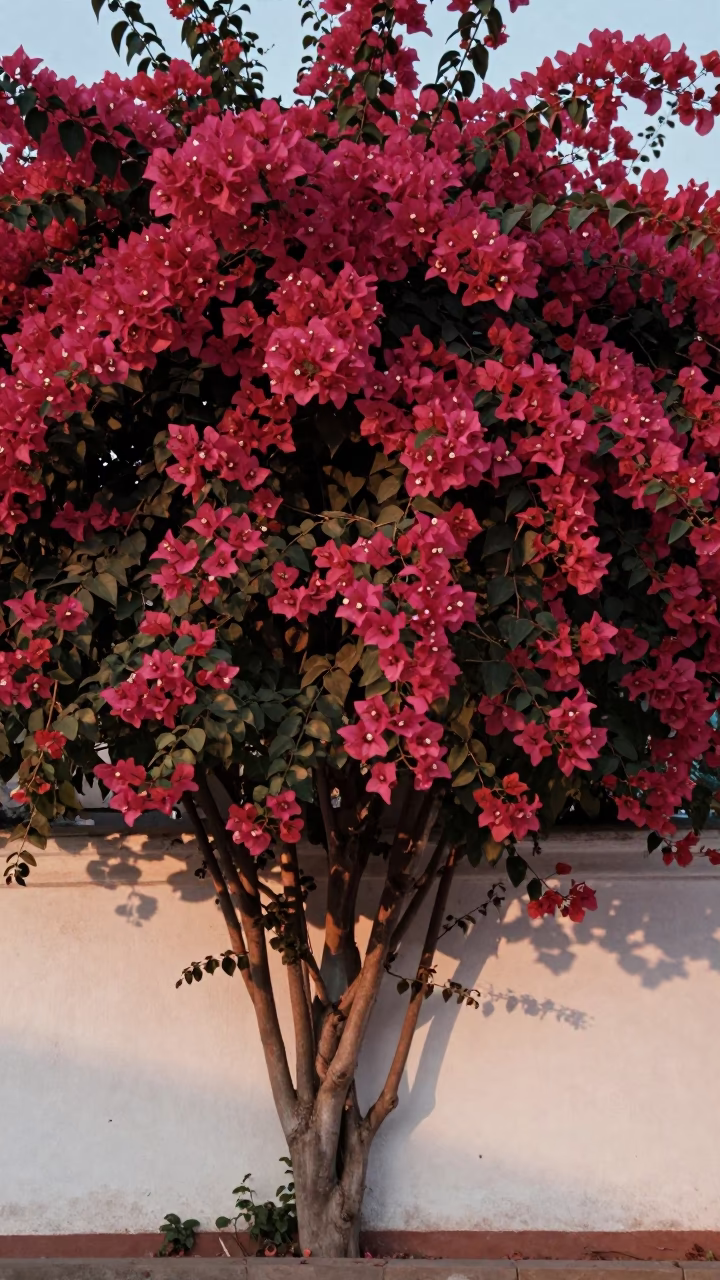 Bougainvillea Cascade Over White Garden Wall in Jaipur India Before Dusk in in Jaipur, India