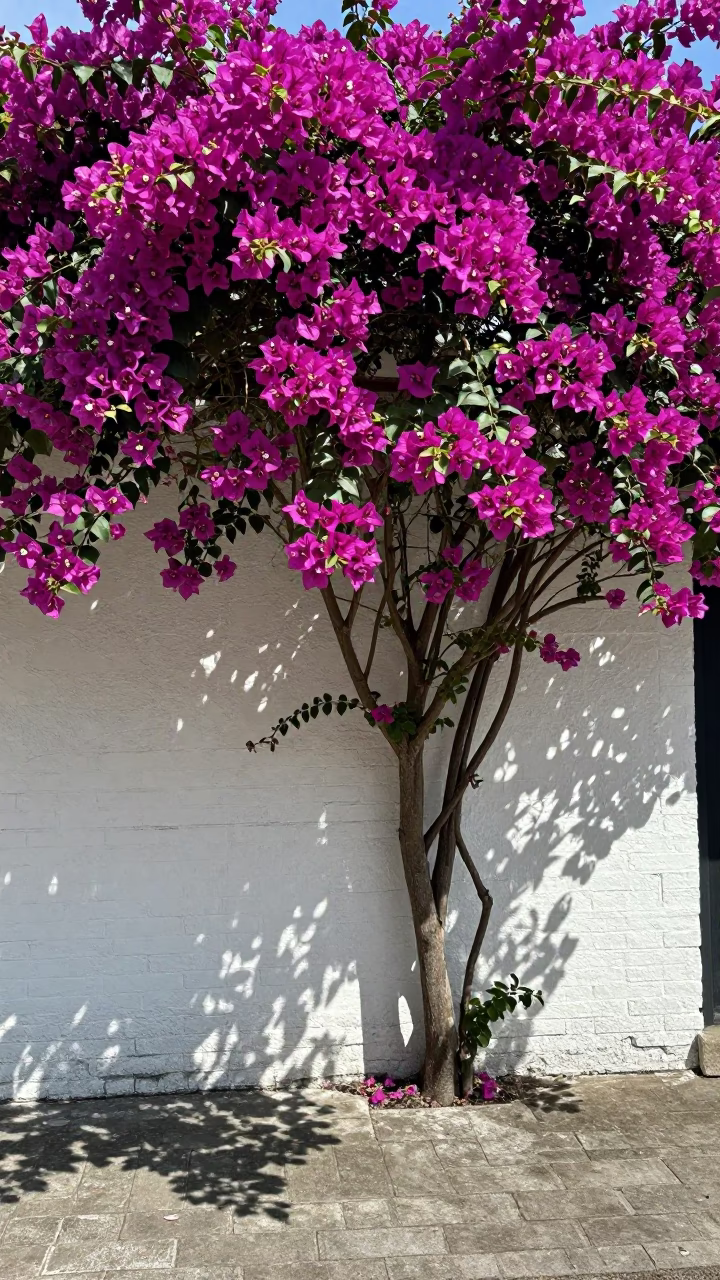 Bougainvillea Cascade Over White Garden Wall in New Orleans Midday Sunlight in in New Orleans, Louisiana, United States