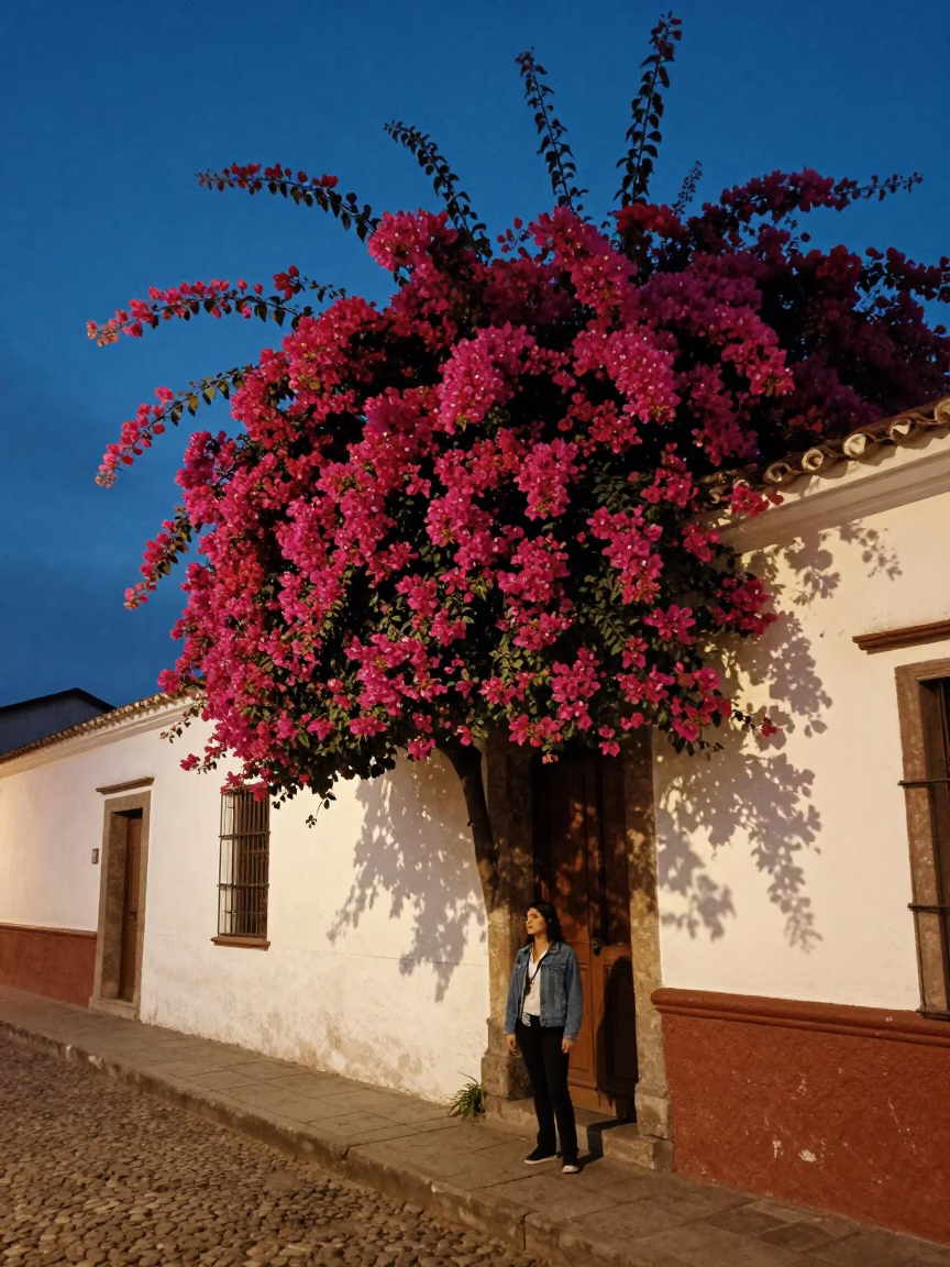 Bougainvillea Cascade Over White Garden Wall in Quito Ecuador Indigo Twilight Street Scene in in Quito, Ecuador