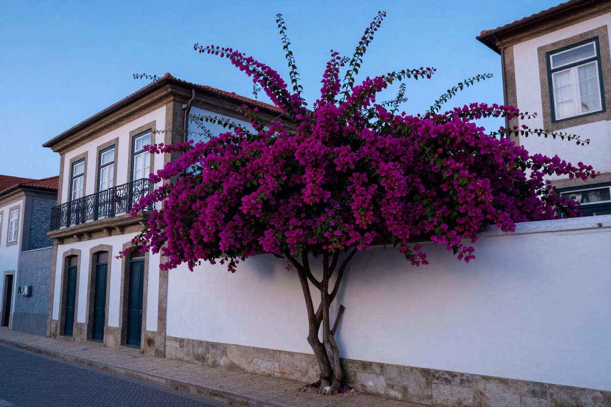 Bougainvillea Cascade Over White Wall At Nautical Dawn In Historic Porto Portugal in in Porto, Portugal