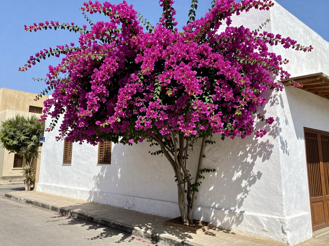 Bougainvillea Cascade Over White Wall in Alexandria Egypt Midday Street Scene in in Alexandria, Egypt