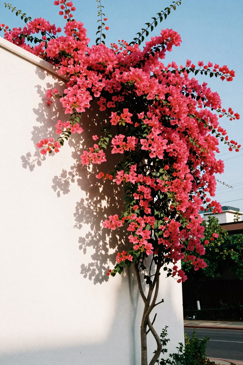 Bougainvillea Cascade Over White Wall in Austin Texas Early Afternoon in in Austin, Texas, United States