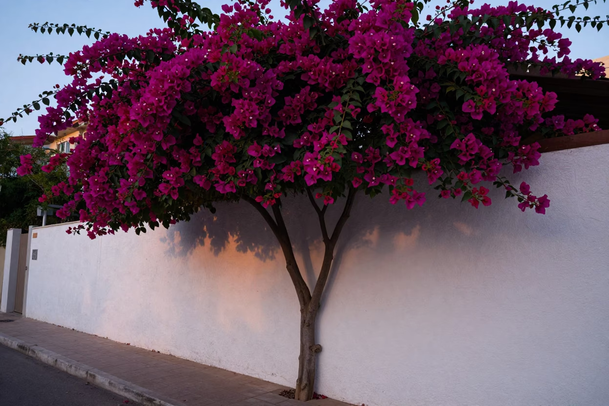 Bougainvillea cascade over white wall in Beirut Lebanon early evening street scene in in Beirut, Lebanon
