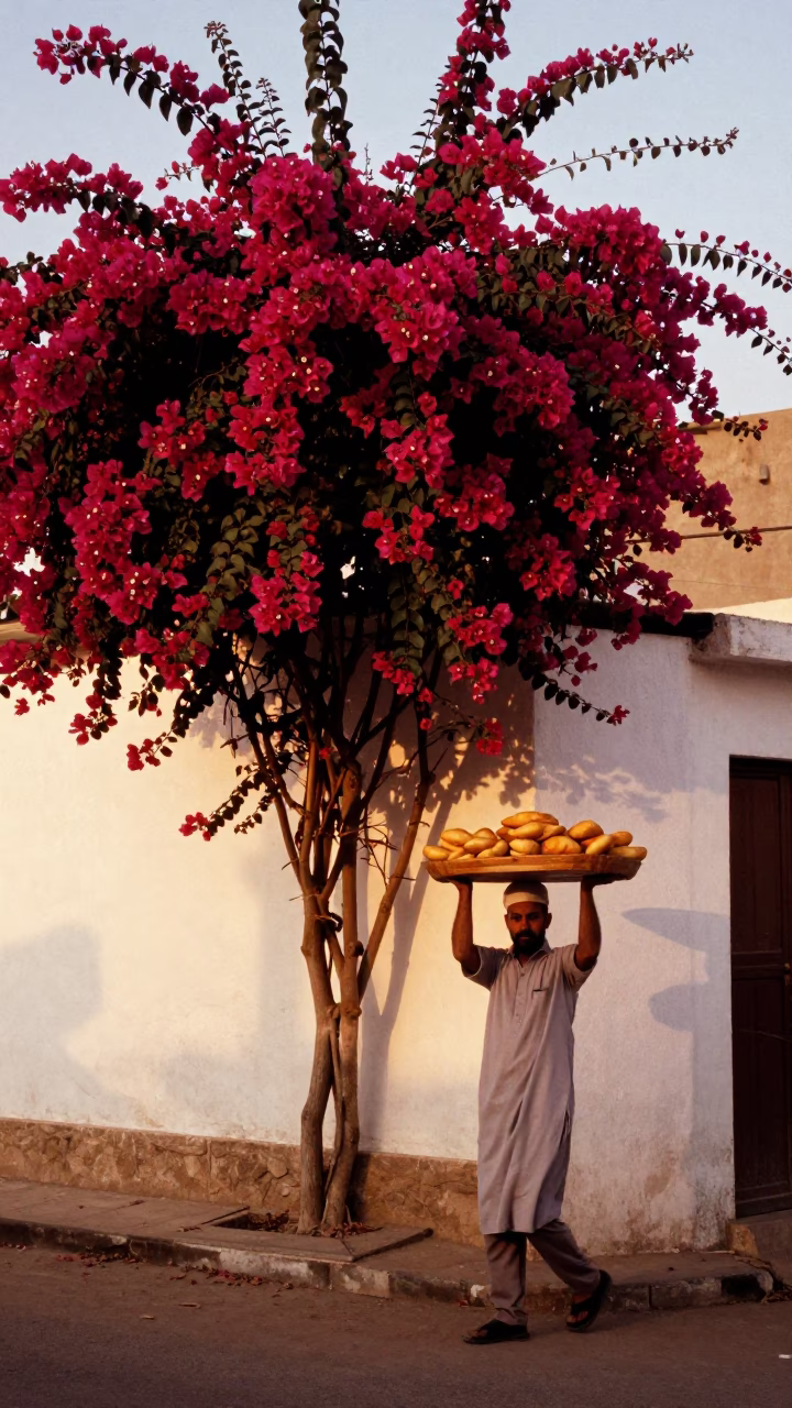 Bougainvillea Cascade Over White Wall in Cairo Egypt Before Dusk in in Cairo, Egypt