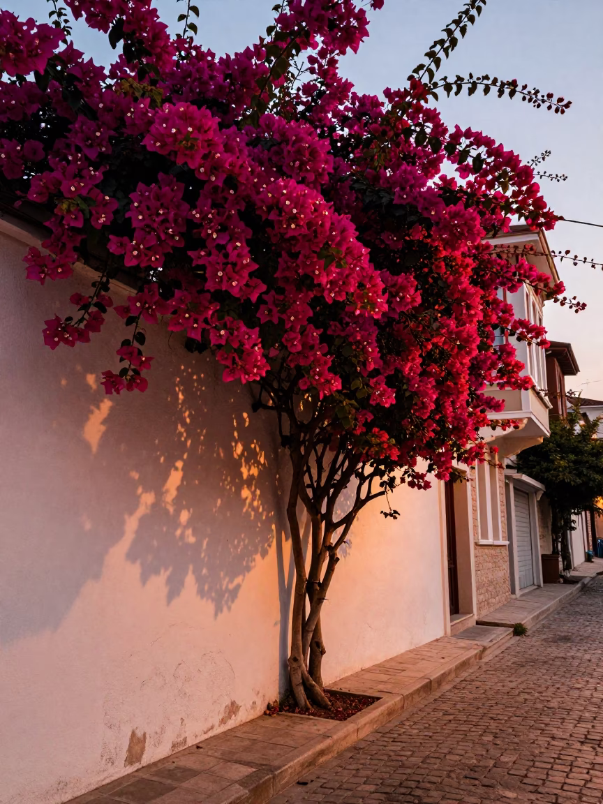 Bougainvillea Cascade Over White Wall in Copper Dusk Light Istanbul Turkey Street Scene in in Istanbul, Turkey