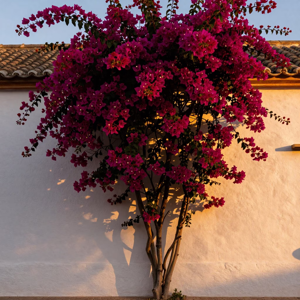 Bougainvillea Cascade Over White Wall in Granada Spain Evening Light in in Granada, Spain