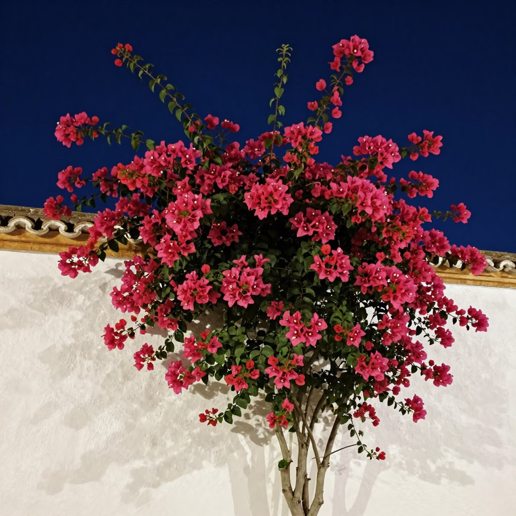 Bougainvillea Cascade Over White Wall in Granada Spain Under Deep Night Sky in in Granada, Spain
