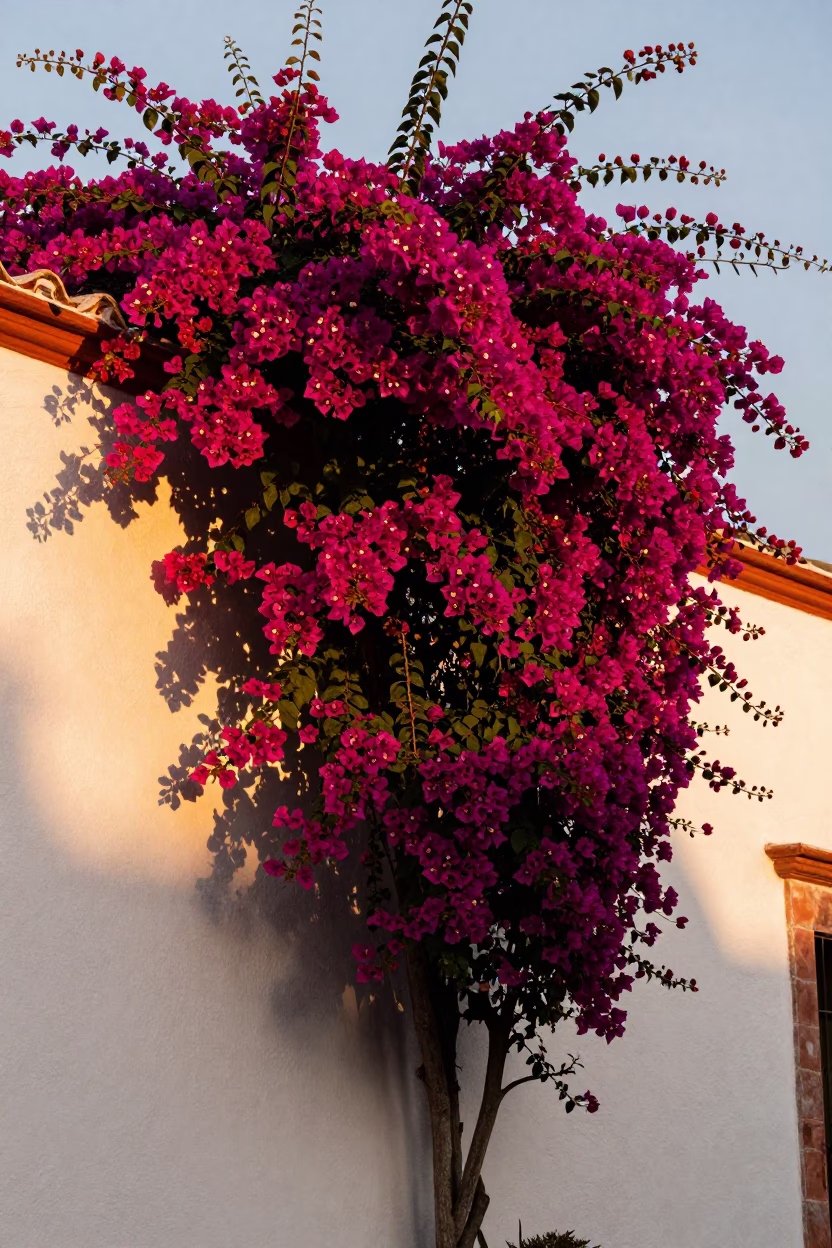 Bougainvillea Cascade Over White Wall in Guadalajara Mexico Evening Light in in Guadalajara, Mexico