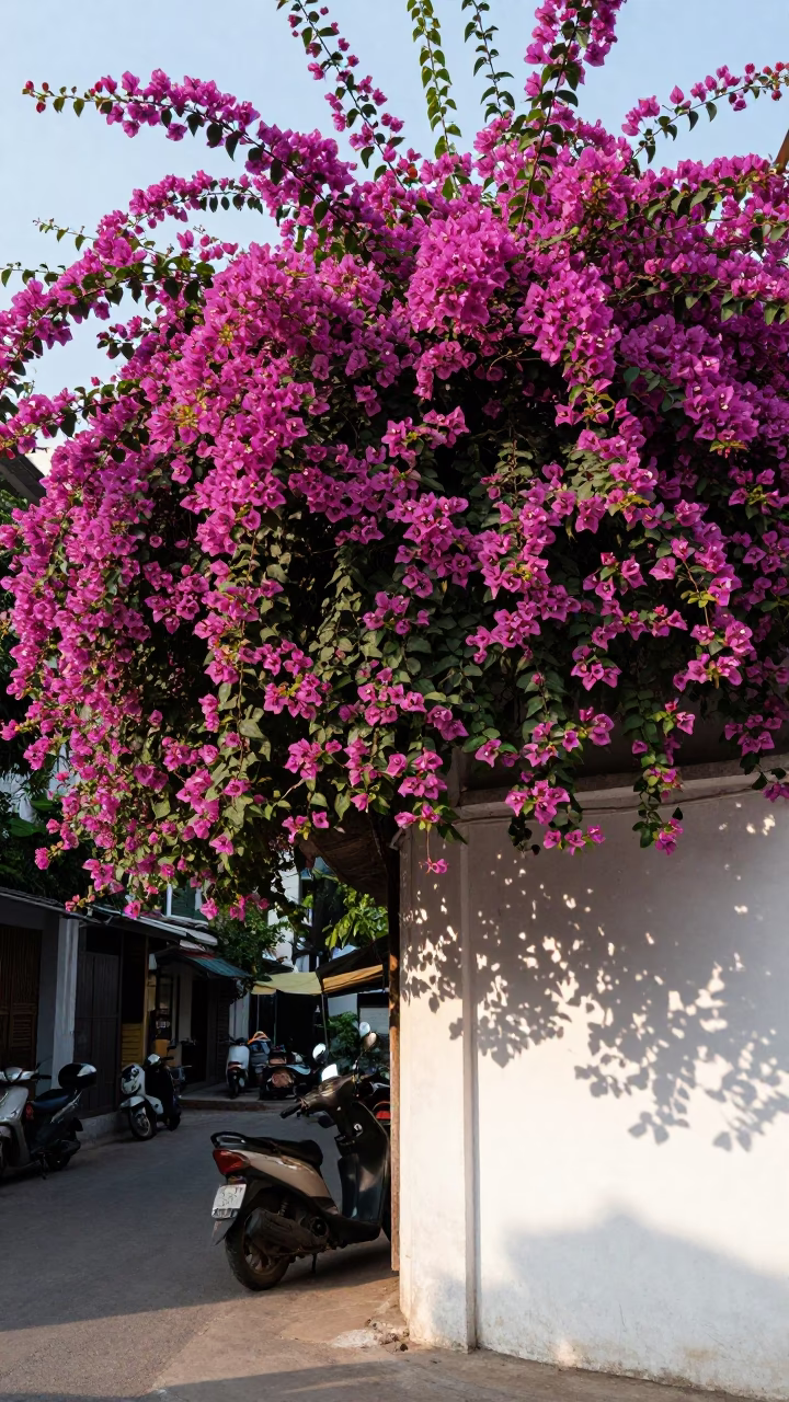 Bougainvillea Cascade Over White Wall in Hanoi Vietnam Early Afternoon Street Scene in in Hanoi, Vietnam