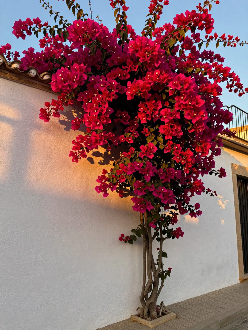 Bougainvillea Cascade Over White Wall in Honeyed Evening Light Barcelona Spain in in Barcelona, Spain