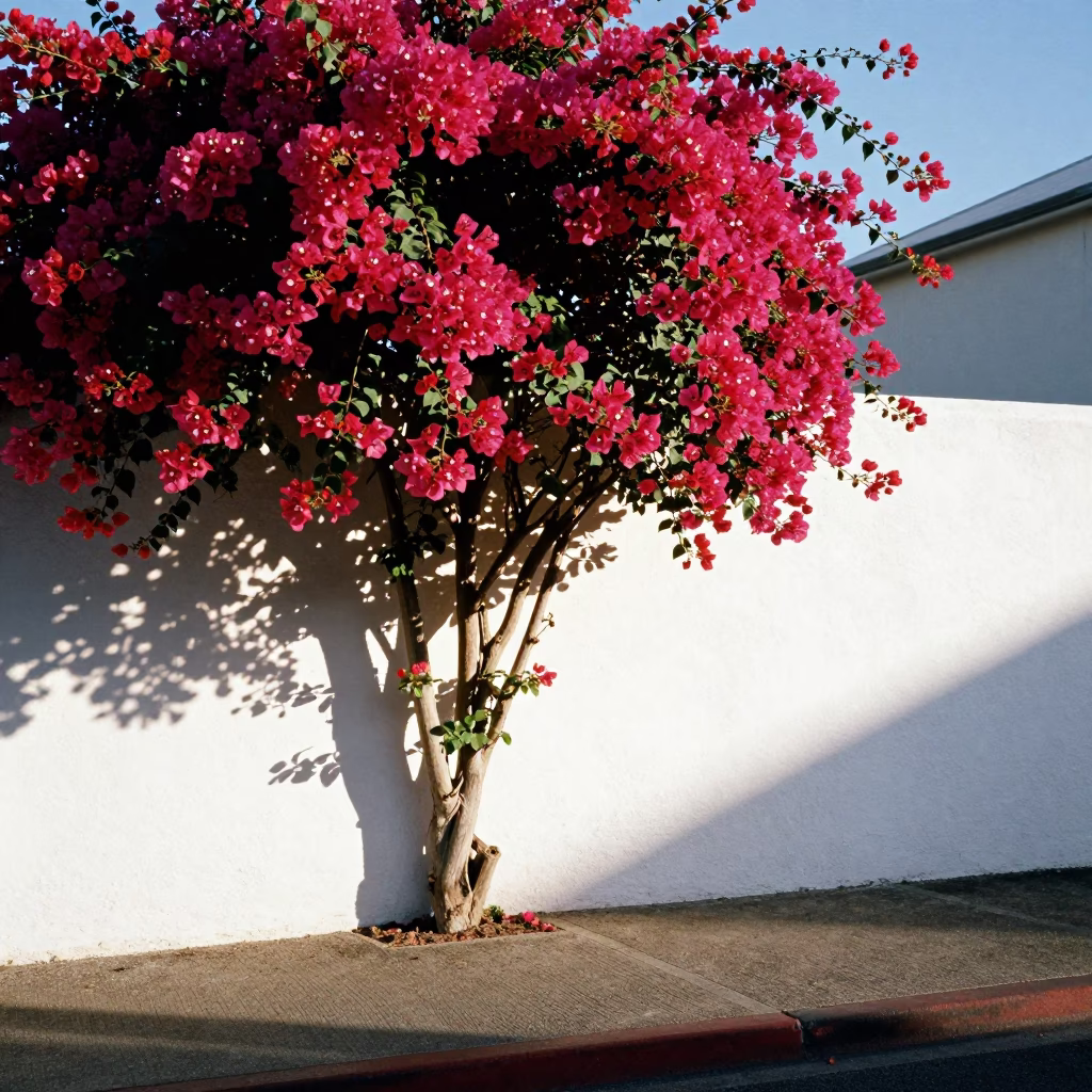 Bougainvillea Cascade Over White Wall in Late Afternoon Perth Western Australia Street Scene in in Perth, Western Australia, Australia