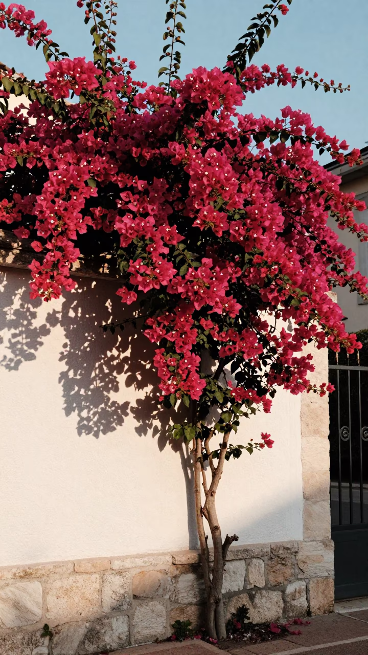 Bougainvillea Cascade Over White Wall in Lyon Late Afternoon in in Lyon, France