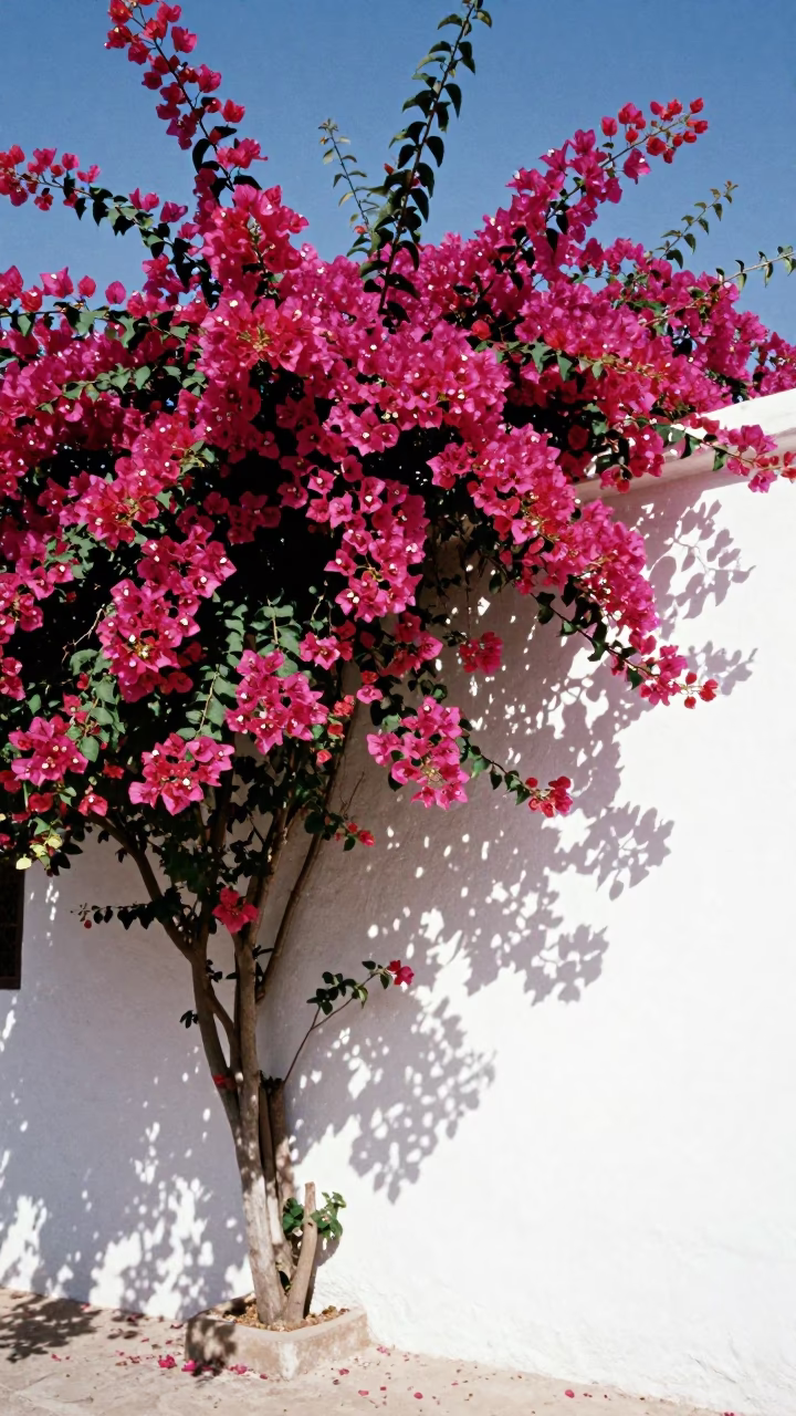 Bougainvillea Cascade Over White Wall in Marrakech Morocco Noon Sun in in Marrakech, Morocco