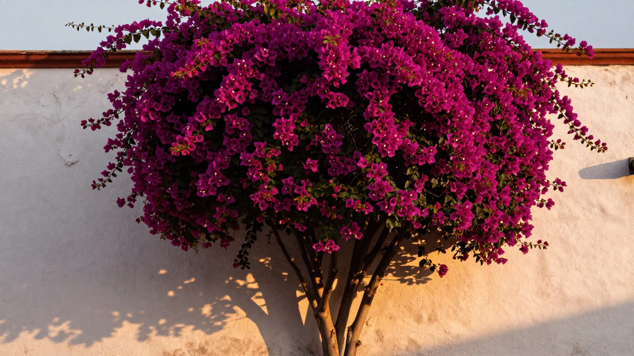 Bougainvillea Cascade Over White Wall in Mexico City Evening Light in in Mexico City, Mexico