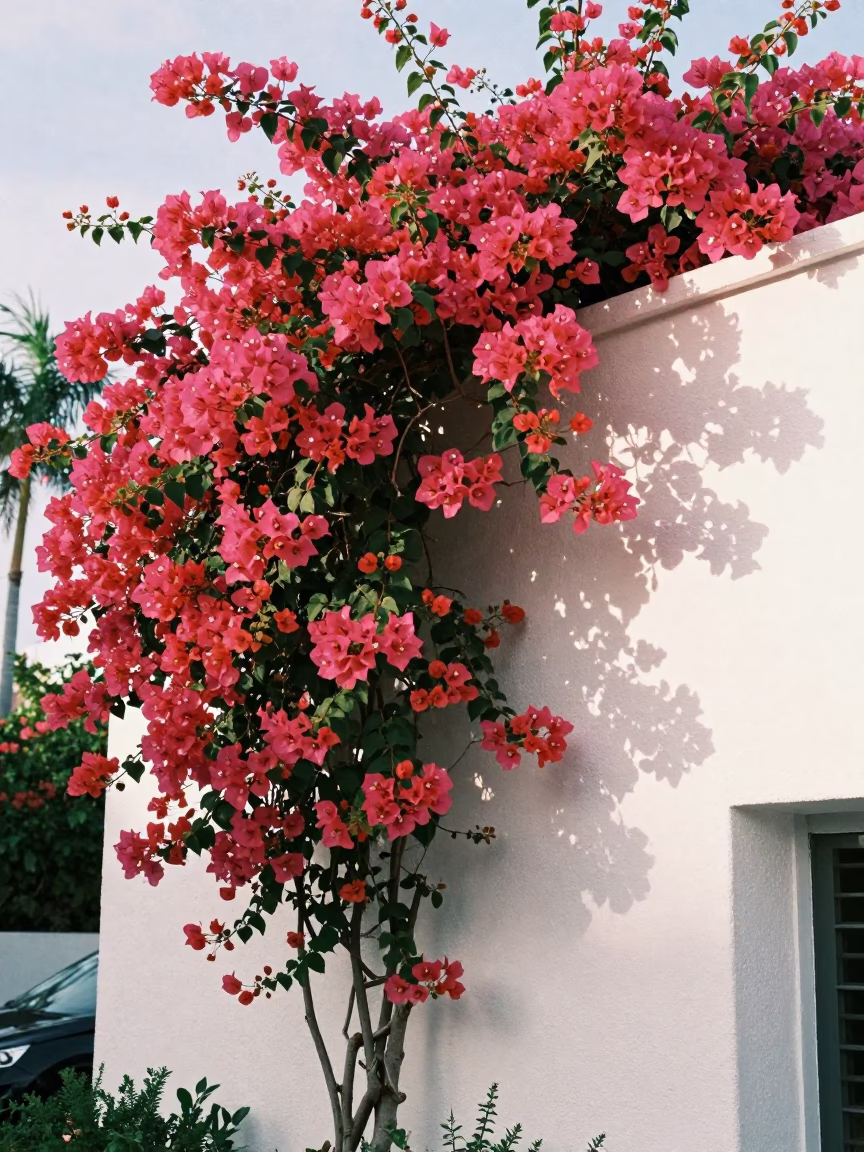 Bougainvillea Cascade Over White Wall in Miami Florida Early Afternoon in in Miami, Florida, United States