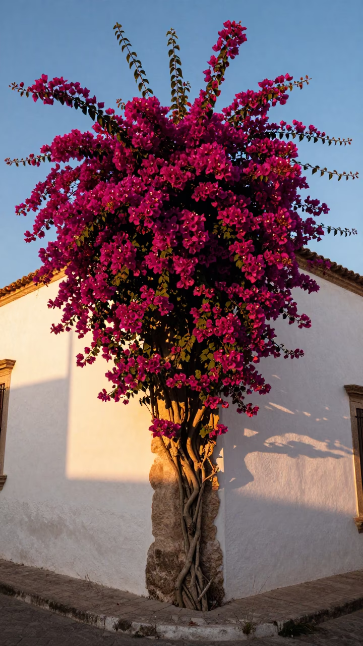 Bougainvillea Cascade Over White Wall in Palermo Italy at Sunset in in Palermo, Italy