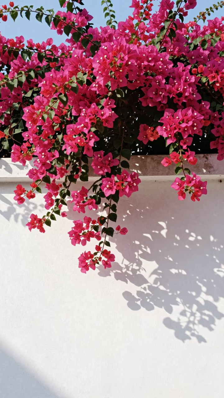 Bougainvillea Cascade Over White Wall in Phuket Thailand Midmorning Light in in Phuket, Thailand