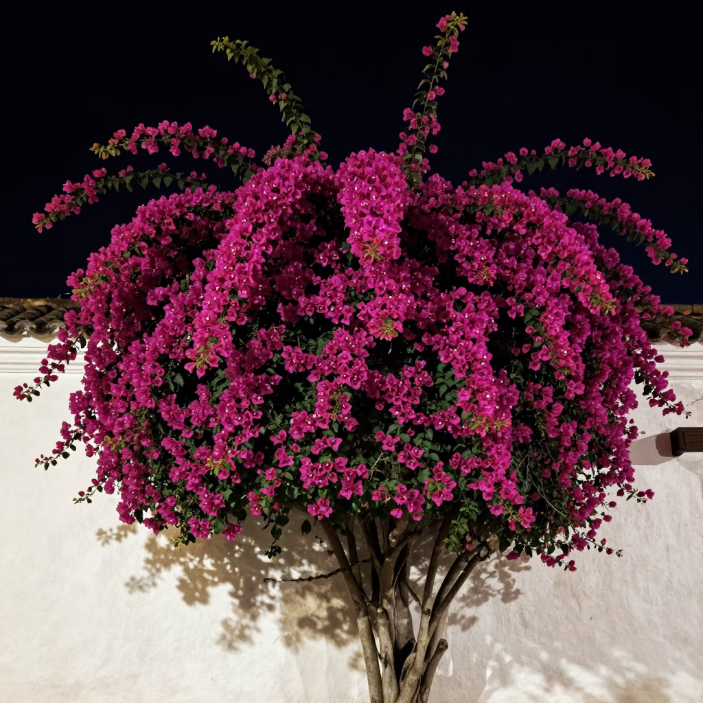 Bougainvillea Cascade Over White Wall in Quito Ecuador at Deep Night in in Quito, Ecuador