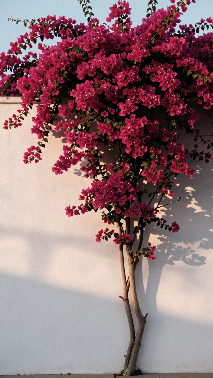 Bougainvillea Cascade Over White Wall in San Diego California at First Light in in San Diego, California, United States