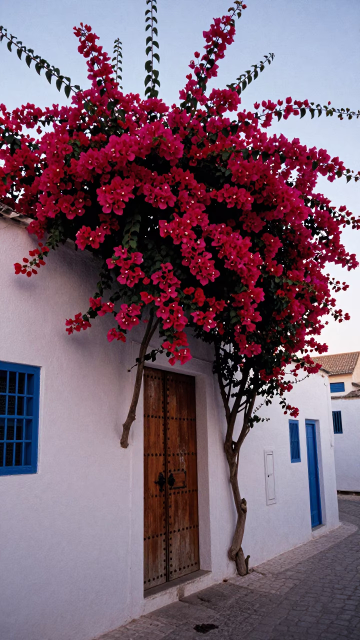 Bougainvillea Cascade Over White Wall in Tunis Tunisia Early Evening Street Scene in in Tunis, Tunisia