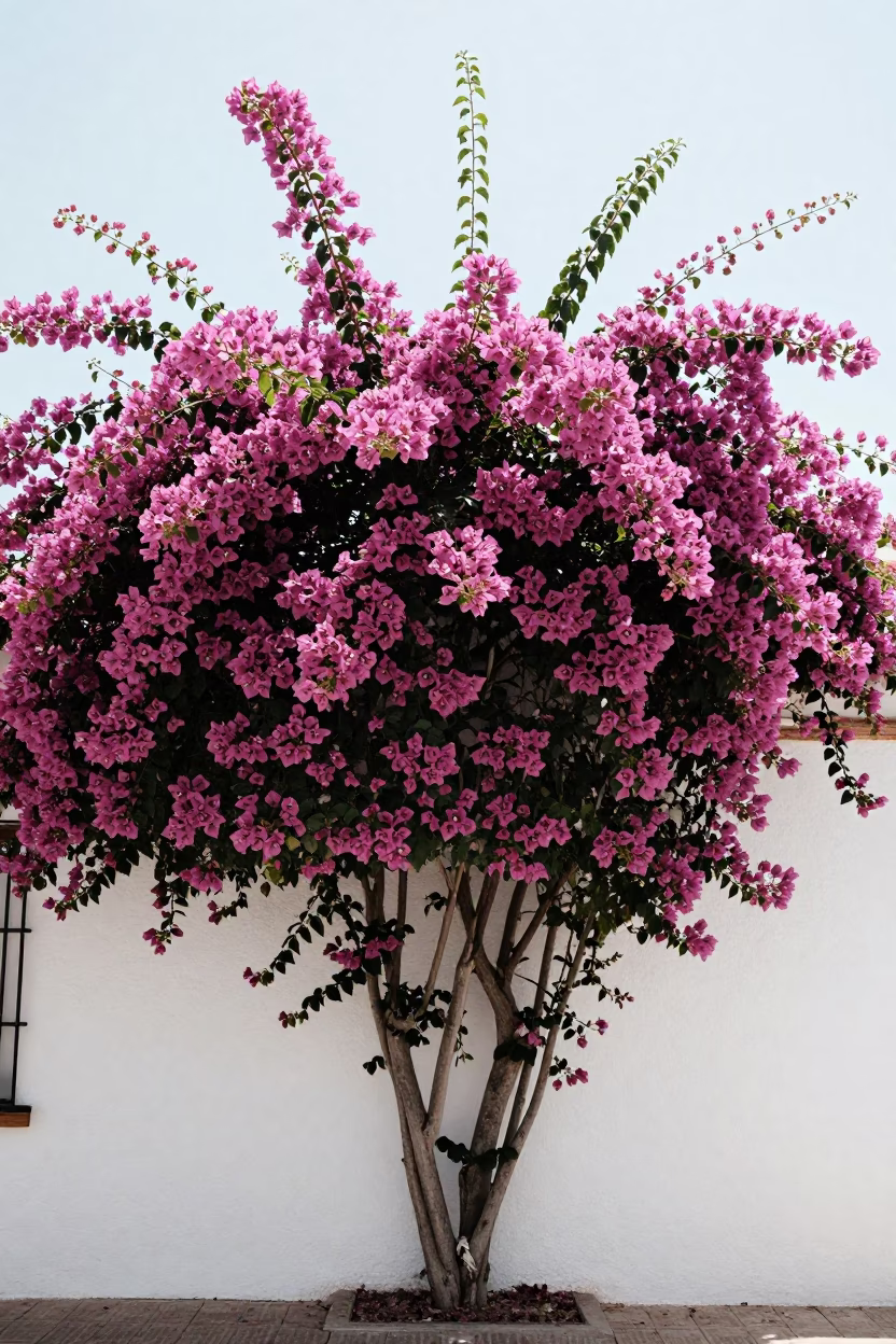Bougainvillea Cascade Over White Wall in Valencia Spain Under Noon Sunlight in in Valencia, Spain