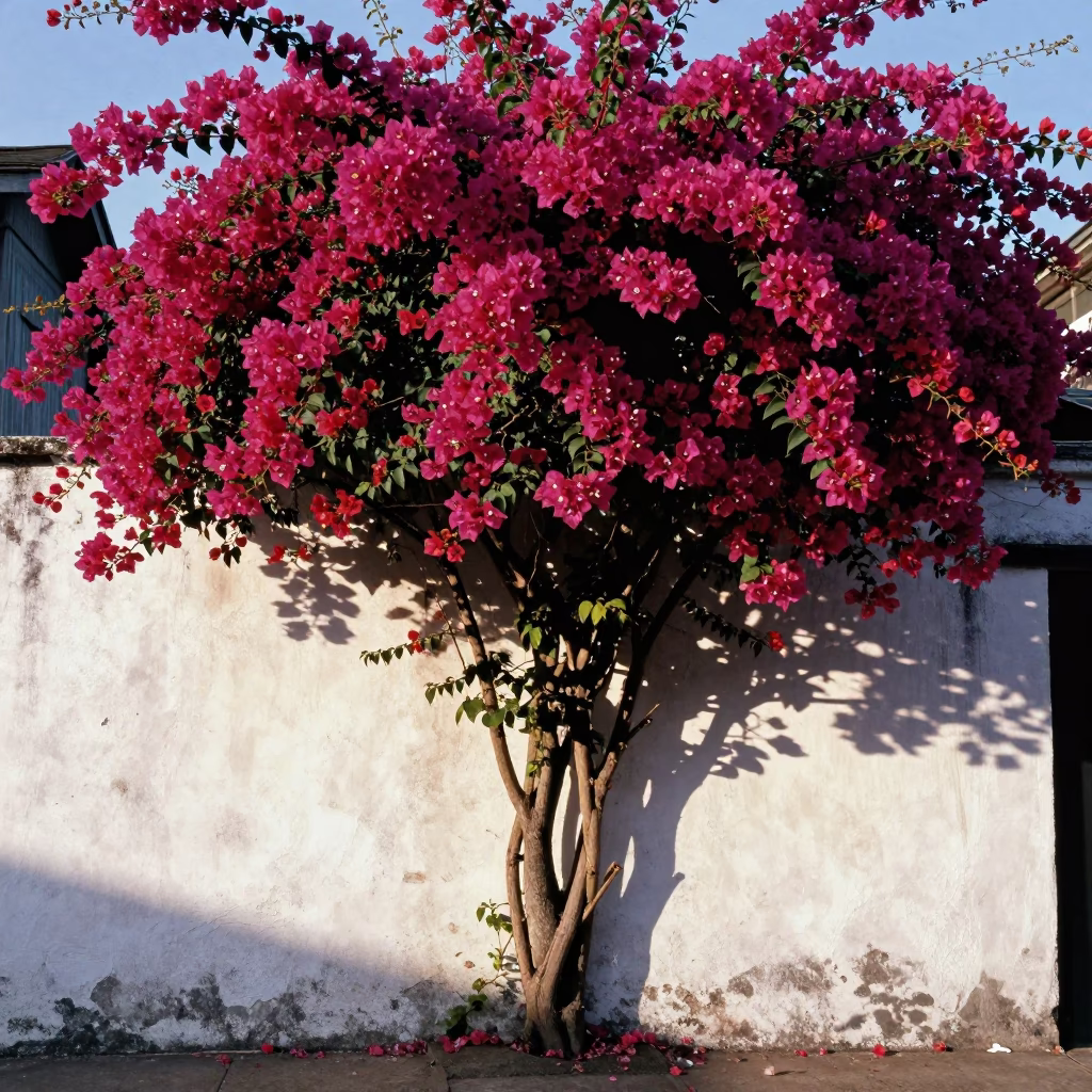 Bougainvillea Cascade Over White Wall Late Afternoon New Orleans Louisiana Street Scene in in New Orleans, Louisiana, United States
