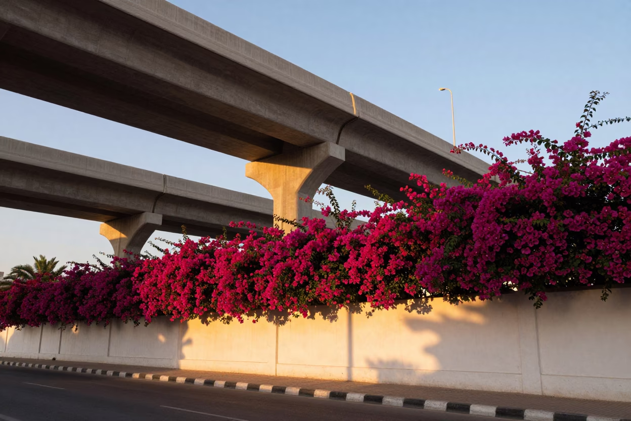 Bougainvillea Wall in Muscat at Sunset Light in in Muscat, Oman