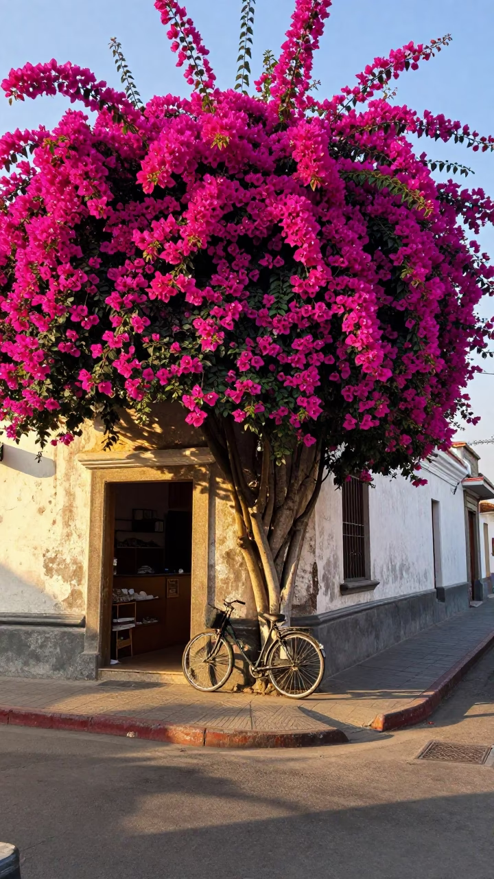 Bouganvillea Blooming Over Lima Bakery Street Corner Morning Light in in Lima, Peru