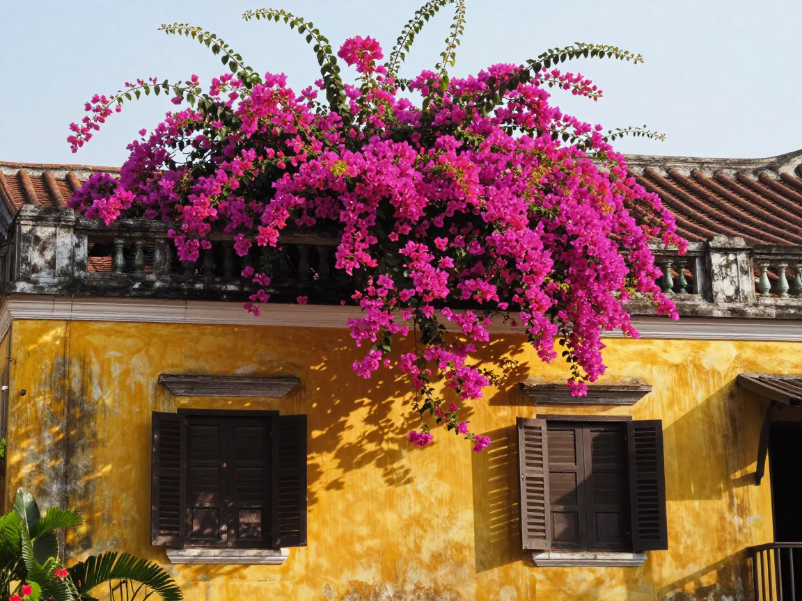 Bouganvillea Blooms Over Traditional Yellow Facades in Hoi An Late Morning in in Hoi An, Vietnam