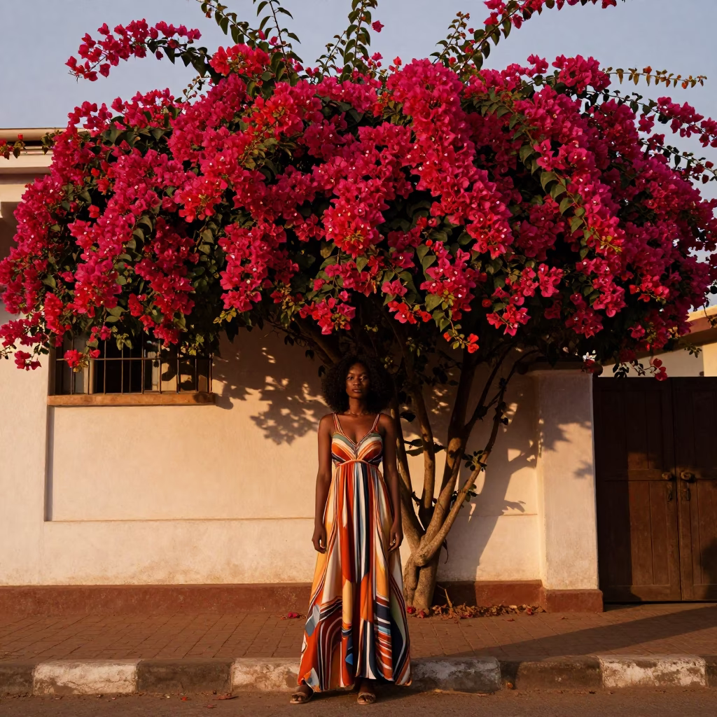 Bouganvillea Cascade in Accra at Copper-toned Light Before Dusk in in Accra, Ghana